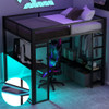 Full Size Gaming Loft Bed With LED Desk, Open Wardrobe, 3 Linen Storage Drawers - Black