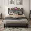 Bed With Charging Station, American Design Upholstered Headboard, Metal Platform