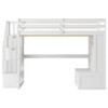 Full Size Loft Bed With Desk And Shelves, 2 Built In Drawers, Storage Staircase - White