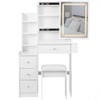 Cabinet Vanity Table & Cushioned Stool, USB Power Station, Hair Dryer Bracket - White