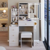 Cabinet Vanity Table & Cushioned Stool, USB Power Station, Hair Dryer Bracket - White