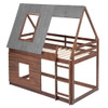 Twin Size House Bunk Bed With Roof, Ladder And 2 Windows - Brown