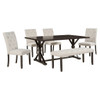 6 Piece Dining Table Set With Rectangular Wood Table, 4 Upholstered Chairs, Bench
