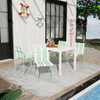 4 Piece Set Of Striped Color Blocking Single Chairs With Long Table - Cream White / Haze Green / White