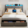 Upholstered Platform Bed Frame With RGB LED Lights, Charging Station & 2 Underbed Drawers