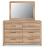 Kinlanni - 3 Pc. - Queen Upholstered Panel Bed, Dresser And Mirror - Tan