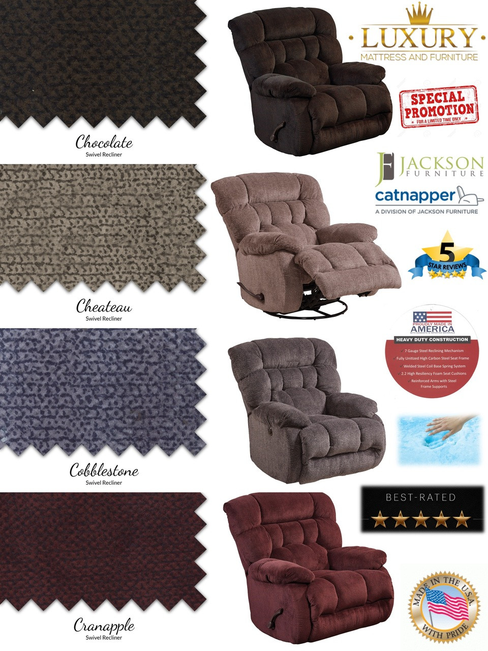 Catnapper Daly Super Plush Swivel Rocker Glide Recliner Luxury