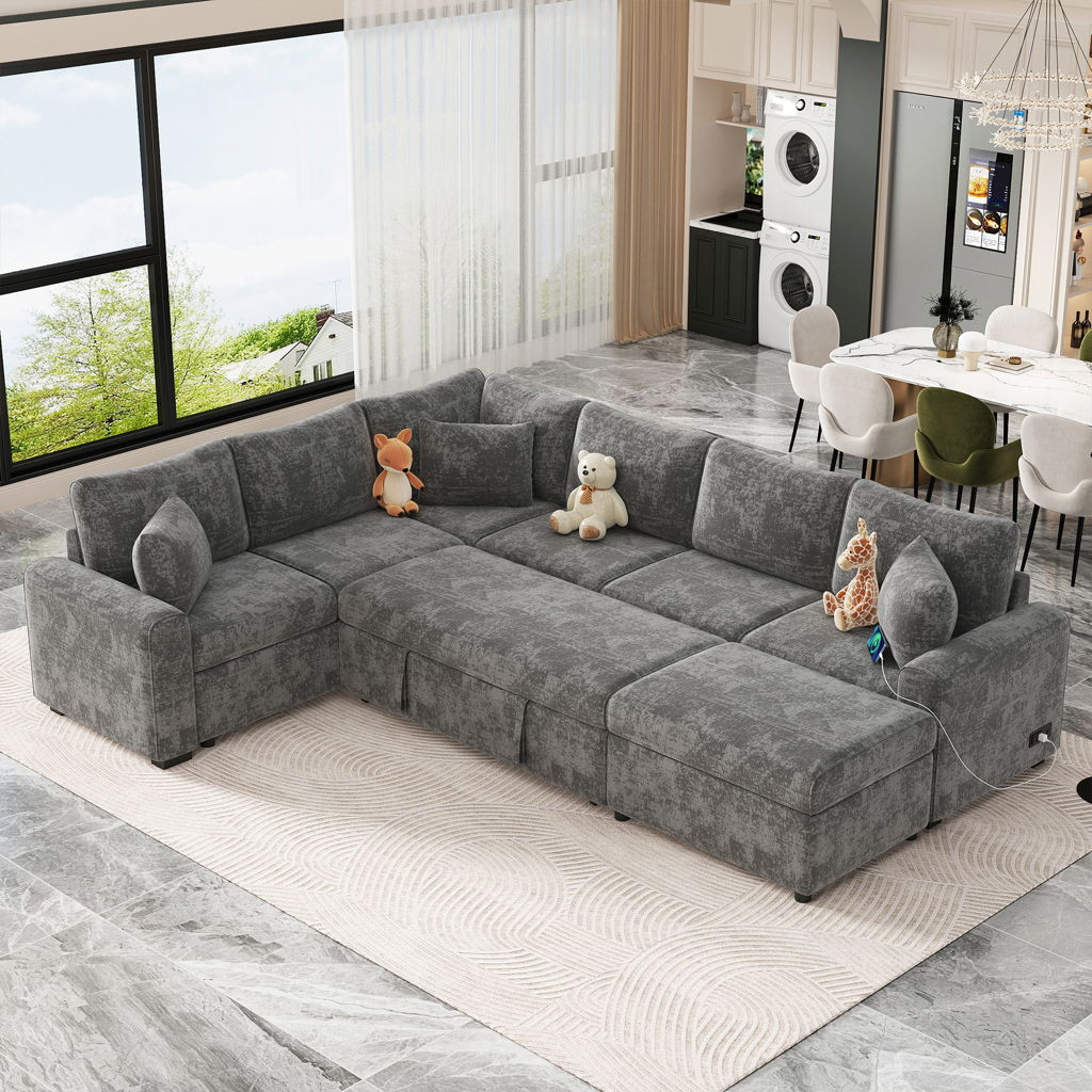 Sectional Sofa Pull-Out Sofa Bed Sleeper With A Storage Ottoman