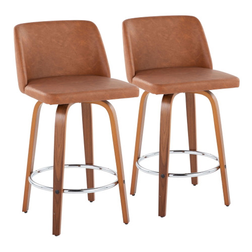 Toriano - Contemporary Fixed Height Counter Stool With Swivel & Round Footrest (Set of 2) - Walnut / Camel Toriano - Contemporary Fixed Height Counter Stool With Swivel & Round Footrest (Set of 2) - Walnut / Camel