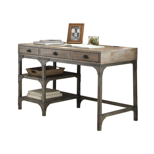 Gorden - Weathered Antique Metal Writing Desk - Oak Gorden - Weathered Antique Metal Writing Desk - Oak