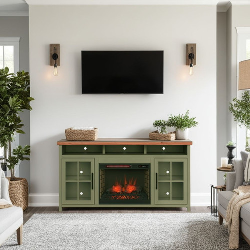 Vineyard - 74" Fireplace TV Stand Console For TVs Up To 85" - Sage Green And Fruitwood Vineyard - 74" Fireplace TV Stand Console For TVs Up To 85" - Sage Green And Fruitwood