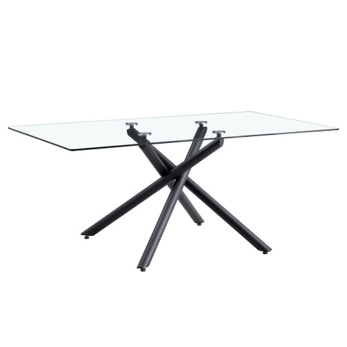 Modern Minimalist Rectangular Glass Dining Table For 6 - 8 With Tempered Glass Top And Metal Legs - Black / Transparent