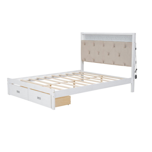 Elegant Wood Queen Size Platform Bed With Upholstered Headboard Led And Storage Drawers In Antique - Antique White