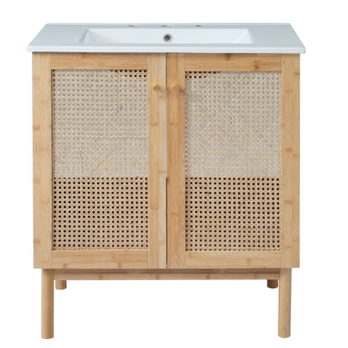 Bathroom Vanity Crafted From Natural Materials, Featuring Handmade Rattan Doors And Soft-Closing Mechanisms - Light Brown Bathroom Vanity Crafted From Natural Materials, Featuring Handmade Rattan Doors And Soft-Closing Mechanisms - Light Brown