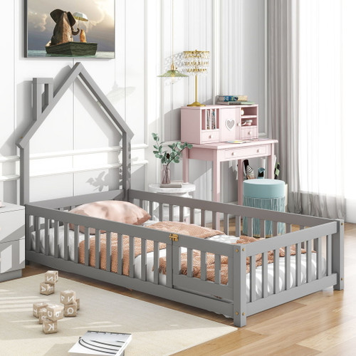 House-Shaped Headboard Floor Bed With Fence House-Shaped Headboard Floor Bed With Fence