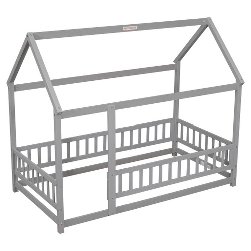 Floor Wooden Bed With House Roof Frame, Fence Guardrails Floor Wooden Bed With House Roof Frame, Fence Guardrails