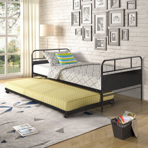 Twin Size Daybed Platform Bed Frame With Trundle Built In Casters - Black Twin Size Daybed Platform Bed Frame With Trundle Built In Casters - Black