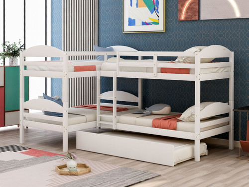 Twin L-Shaped Bunk Bed With Trundle - White Twin L-Shaped Bunk Bed With Trundle - White