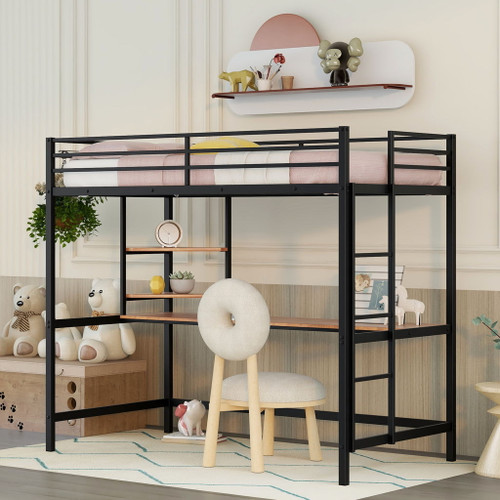 Twin Loft Bed With Desk And Shelve - Black Twin Loft Bed With Desk And Shelve - Black