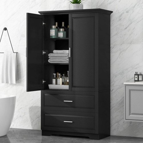 Tall Bathroom Storage Cabinet, Cabinet With 2 Doors And Drawers, Adjustable Shelf Tall Bathroom Storage Cabinet, Cabinet With 2 Doors And Drawers, Adjustable Shelf