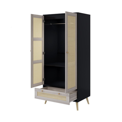 Tall Armoire Wardrobe Closet With 2 Rattan Doors & 1 Drawer, Boho Clothes Storage Cabinet With Hanging Rod For Bedroom - Natural / Black