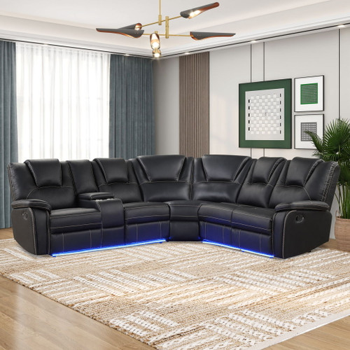 Modern Faux Leather Manual Reclining With Center Console With LED Light Strip, Living Room Furniture Set, PU Symmetrical Couch With 2 Cup Holders And Storage For Living Room Modern Faux Leather Manual Reclining With Center Console With LED Light Strip, Living Room Furniture Set, PU Symmetrical Couch With 2 Cup Holders And Storage For Living Room