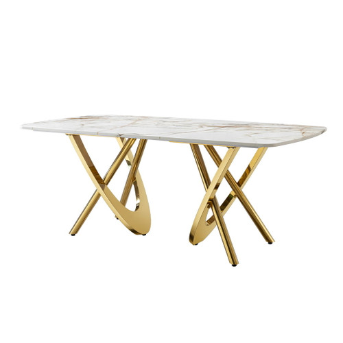 Marble Pattern Dining Table With Stainless Steel Base, Rectangular, Seats 6 Or 8 - Gold