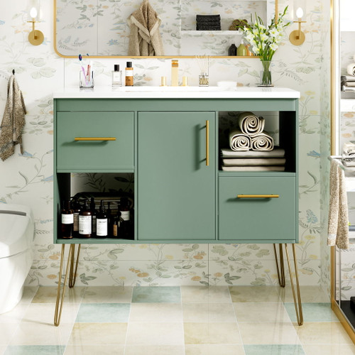 Bathroom Vanity With Resin Sink Combo Set, Modern Freestanding Single Bathroom Cabinet With 2 Drawers & 2 Storage Compartments, Storage Cabinet For Bathroom, Frame Vanity Set - Green Bathroom Vanity With Resin Sink Combo Set, Modern Freestanding Single Bathroom Cabinet With 2 Drawers & 2 Storage Compartments, Storage Cabinet For Bathroom, Frame Vanity Set - Green
