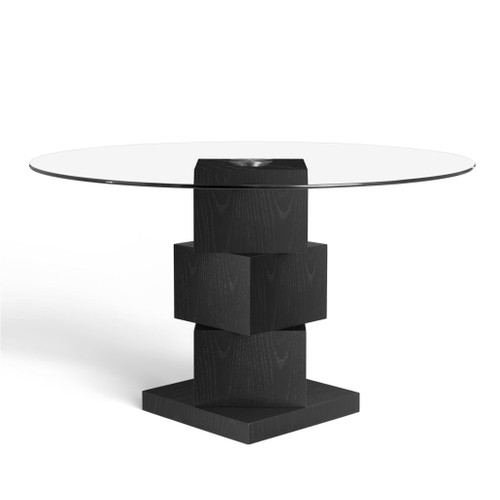 Wood Pedestal Round Dining Table Tempered Glass Top - Black