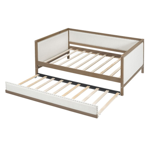 Full Size Daybed With Trundle And Nailhead Decoration - Wood Full Size Daybed With Trundle And Nailhead Decoration - Wood