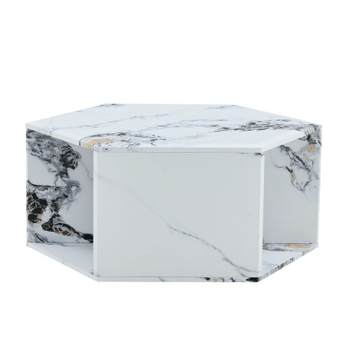 Hexagonal Coffee Table With Characteristic Pattern Stickers And Multi-Hole Design For Extra Storage