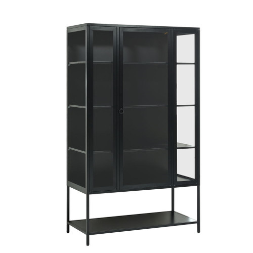 Modern Steel Display Cabinet With LED Lights And Glass Door For Home Or Workspace - Black