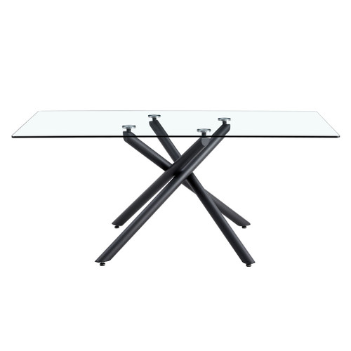 Minimalist Rectangular Glass Dining Table For 6 - 8 With Tempered Glass Top And Metal Legs - Black / Transparent