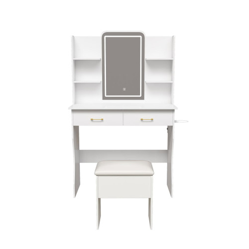 Vanity Desk With LED Lights Mirror, Power Outlet, Storage Drawers & Chair - White