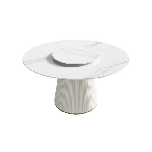 Modern Artificial Stone Round Plywood Base Dining Table, Can Accommodate 6 People, Artificial Stone Turntable (Not Including Chairs) - White / Beige