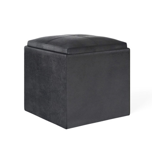Rockwood - Cube Storage Ottoman With Tray - Distressed Black