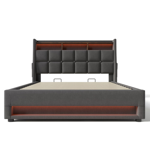 Full Size Upholstered Platform Bed With A Hydraulic Storage System, LED And USB Charging (Without Mattress) - Gray