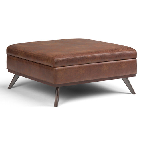 Owen - Extra Large Square Coffee Table Storage Ottoman - Distressed Saddle Brown