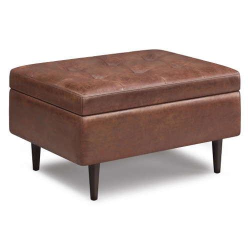 Shay - Mid Century Small Coffee Table Storage Ottoman - Distressed Saddle Brown
