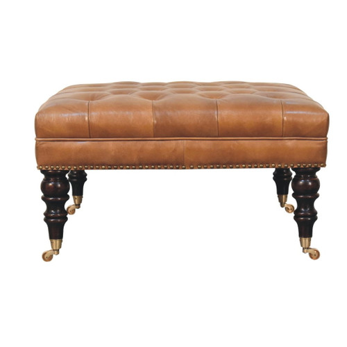 Buffalo - Studded Leather Ottoman With Castor Legs - Tan