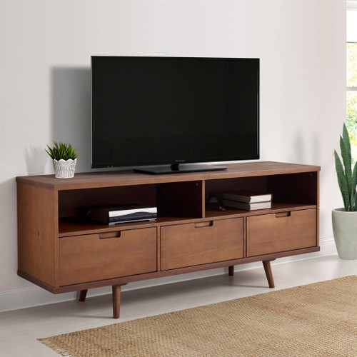 Mid Century Modern 3 Drawer 58" TV Stand For 65" TVs With 2 Open Cubbies - Walnut