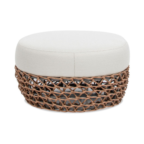 Willow - Round Upholstered Woven Patio Ottoman, Wicker Frame - Wheat Beige / Golden Brown