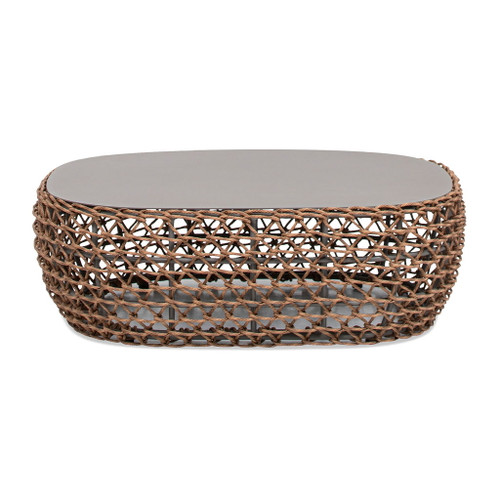 Willow - Oval Woven Patio Coffee Table, Wicker Frame - Wheat Beige / Golden Brown