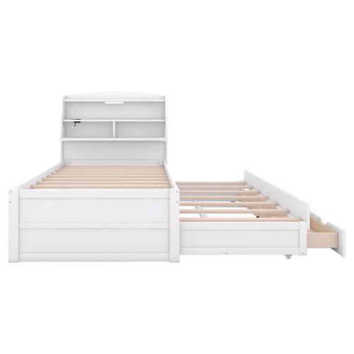 Twin Size LED Platform Bed With Trundle With Storage Headboard With Drawers - White