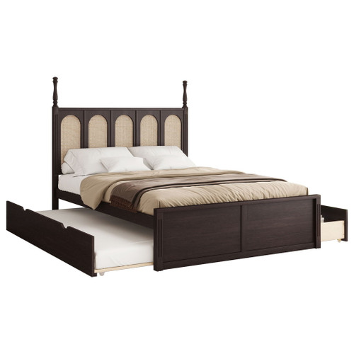 Queen Size Platform Bed With With 2 Big Drawers Twin Size Trundle - Espresso