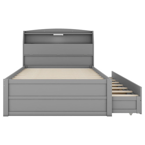 Full Size LED Platform Bed With Trundle With Storage Headboard With Drawers - Gray