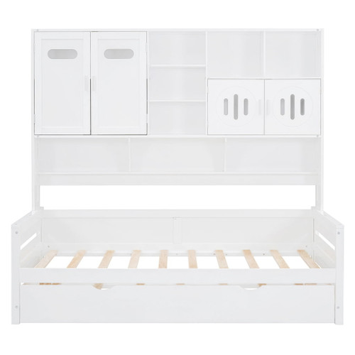 Twin Size Wooden Daybed With Twin Size Trundle, And All In One Cabinet And Shelf - White
