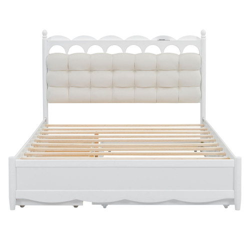Queen Size Storage Platform Bed, With 2 Big Drawers, Twin Long Size Trundle, One Set Of Sockets & USB Ports - White