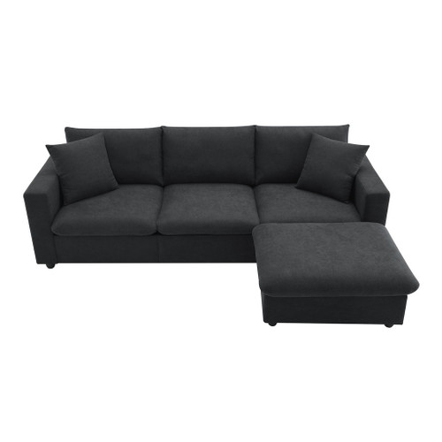Modern Sectional Sofa With Throw Pillows, Cloud L Shaped Couch Set With Wide 4 Seat Comfy Couch Set With Movable Ottoman - Black