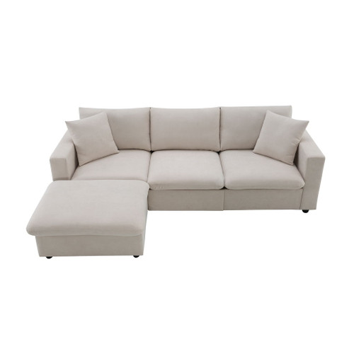 Modern Sectional Sofa With Throw Pillows, Cloud L Shaped Couch Set With Wide 4 Seat Comfy Couch Set With Movable Ottoman - Beige